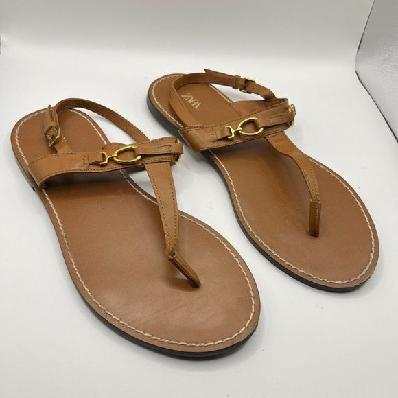 ZARA FLAT LEATHER SANDAL WITH BUCKLE BROWN WOMENS SIZE 38‎ US SIZE 7 - Picture 2 of 6